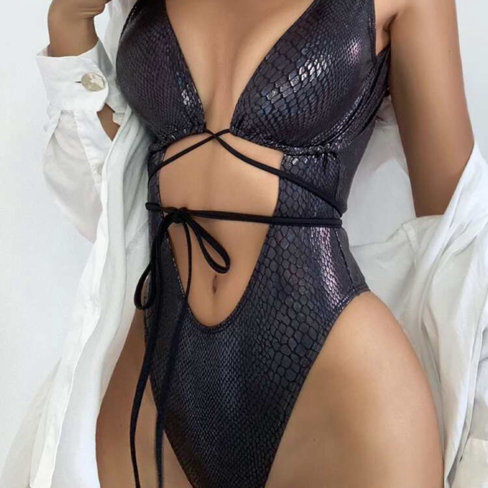 Snakeskin embossed cut out one piece swimsuit